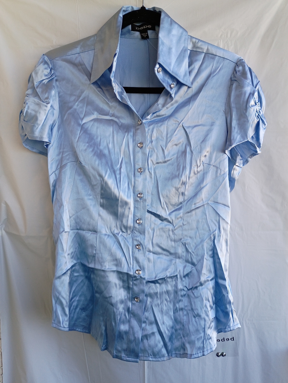 Bebe NWT Size M Silk Blend Blouse Rhinestone Button Blue Vintage